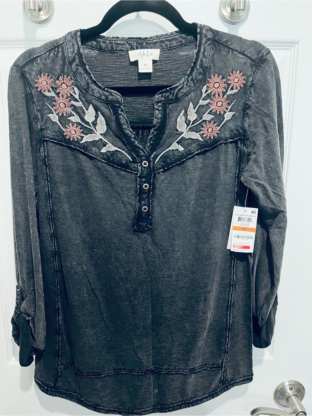 Style & Co. Washed Black Henley Top with Pink Floral Embroidery
